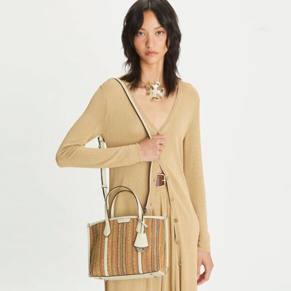 TORY BURCH Small Perry Stripe Raffia Tote - Picture 2 of 12